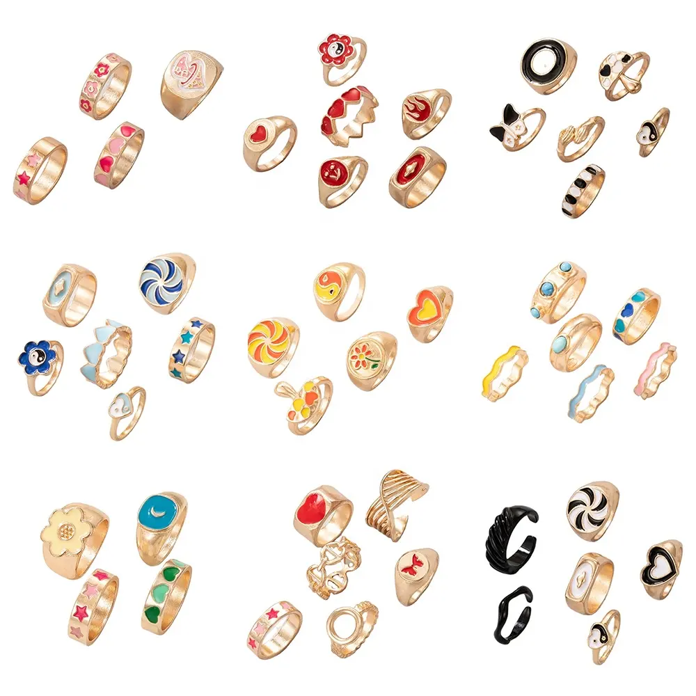 Yin Yang — bagues en émail, ensemble de bijoux Vintage pour femmes, motif floral, mode amour cœur, Y2K, vente en gros, nouvelle collection 2021