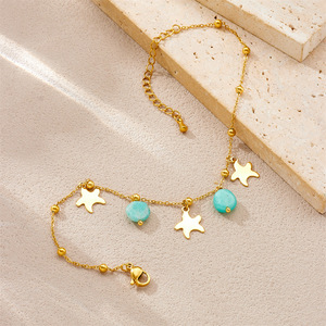 Chevillère minimaliste étoile de mer en acier inoxydable plaqué or avec perle d'amazonite ronde et petit pendentif étoile de mer pour femme, idéale pour la plage - Product Image 3