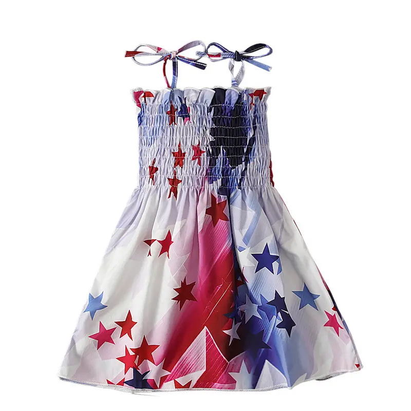 新しいスタイルの夏の独立記念日の星条旗フリルノースリーブストラップショルダーベビーガールズ服ドレス子供用