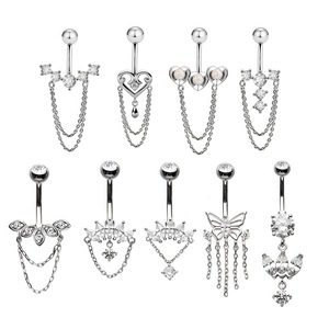 Piercing da <span class=keywords><strong>Ombelico</strong></span> Pendente di Grande Successo con Catena in Acciaio Inossidabile, Fiore di Zirconi Incastonati e Lunghe Nappe - Product Image 1