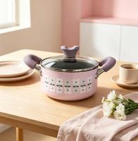Casserole en aluminium moulé sous pression à imprimé floral rose clair, avec double poignée, revêtement antiadhésif et couvercle en verre, compatible induction