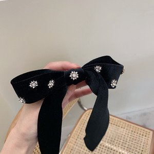 Solid Color Velvet Bow Hair Clip with Crystal Flower Design French Barrette Spring Clip for Women Party Use - Product Image 4