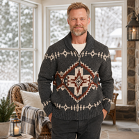 Pull cardigan jacquard à fermeture éclair pour homme, motif géométrique, tricot chaud pour l'hiver