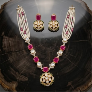 Royal 925 Silver <b>Ruby</b> Pearl <b>Necklace</b> Set Designer Bridal Jewelry Traditional Earrings for Women Collection - Product Image 1