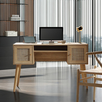 Bureau d'ordinateur en bois moderne et minimaliste à hauteur réglable avec armoire latérale en rotin naturel pour la maison, le bureau et le salon – Vente chaude