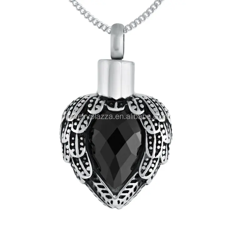 Crema tion Ashes Medaillon, personal isierter Schmuck, Flügel herz mit schwarzem Zirkonia 925 Sterling Silber Schmuck