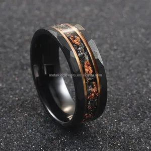 Tungstênio anel Meteorito Barbear e Rose Gold Leaf Inlay, Marmored edgesStrips, Casamento para Homens Mulheres