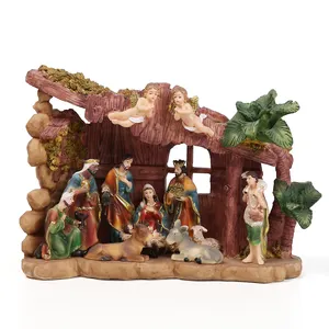 Decoração de casa feita à mão em resina estável católica, estátua de família sagrada, presépio de natal com figuras