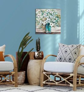 Peintures murales de cuisine décor bleu sarcelle bouteille maçon <span class=keywords><strong>fleurs</strong></span> blanches toile rustique Art mural impression salle de bain Art mural - Product Image 6