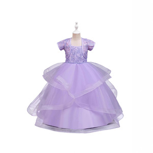 Robe de princesse pour filles, robe de bal en Tulle violet, robe de mariée à fleurs, Costume de fête d'anniversaire, robe à col rond pour enfants - Product Image 4