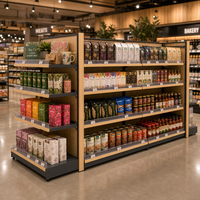 Étagère gondole en bois avec embout de fin de rangée, 4 niveaux réglables, montants à fentes, barrières porte-étiquettes transparentes, présentoir de supermarché pour la vente au détail