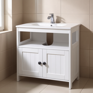 Meuble de rangement blanc sous évier à double porte, étagères de salle de bain, 48 pouces, style ferme, autoportant en bois - Product Image 2