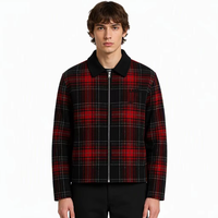 Veste zippée personnalisée pour homme, motif écossais rouge et noir, col pointu, style streetwear décontracté, hiver, vente en gros, OEM, ODM