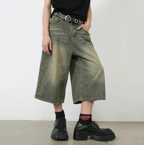 Pantalones cortos de mezclilla personalizados para hombre, estilo urbano Hip Hop, pantalones cortos de mezclilla de tres cuartos para hombre al por mayor, jorts casuales de pierna ancha Monkey para hombre - Product Image 2