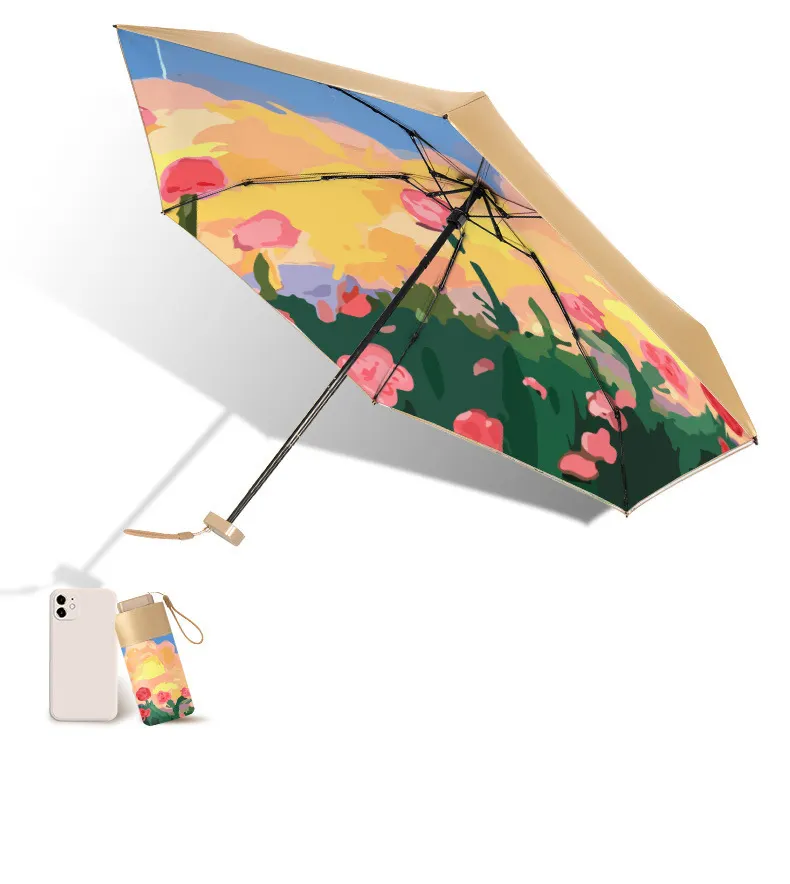 티타늄 골드 태양 보호 및 UV 보호 우산 플랫 핸들 우산과 울트라 라이트 60 접이식 미니 포켓 우산