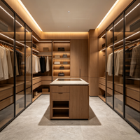 Dressing sur mesure moderne et durable avec portes vitrées, armoire intégrée et îlot central pour vestiaire de villa de luxe
