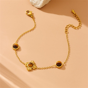 Gold Plated Stainless Steel Tiger Eye Flower Necklace <b>Bracelet</b> <b>Set</b> For Women Gift Jewelry Fashion Accessories - Product Image 3