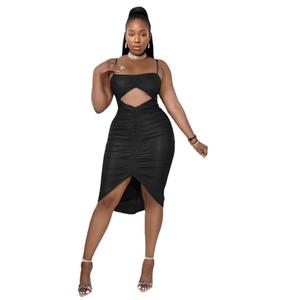 Nuevo Vestido Midi de Primavera en PU con Abertura Frontal y Diseño Calado para Mujer - Product Image 1