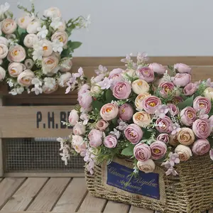 Buket Bunga Mawar Buatan N-051 dengan 10 Kepala Bunga Bunga Putih Gading Merah Muda Sutra Bunga Mawar untuk Dekorasi Pernikahan Vas Pengantin