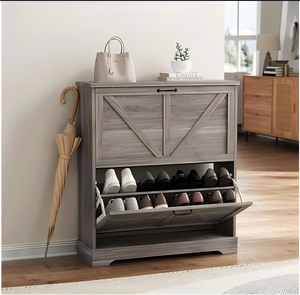 Scarpiera ribaltabile stile rustico a 2 livelli, mobile contenitore per scarpe in legno grigio per ingresso - Product Image 4