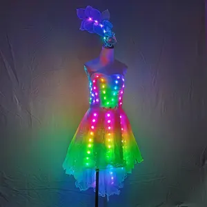 Full Color LED Lighting Tutu Skirt Sexy Micro Mini Skirts Night Club Lace Gown Trailing Skirt Court Dance Cosplay Ballet Costume