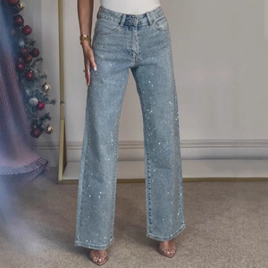 Wholesale 2026 High Waist Diamond Studded Jeans Women Slimming Bleach Washed Straight Leg Solid Summer Casual <strong>DenimPants</strong> Elegant - Product Image 2