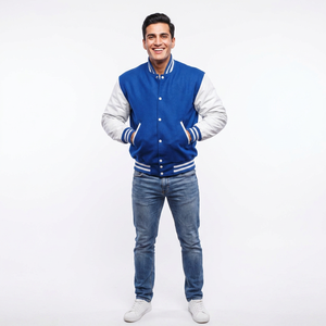 Veste universitaire unisexe de haute qualité en laine bleue et cuir blanc, état neuf, col montant avec broderie en chenille, veste pour homme - Product Image 1