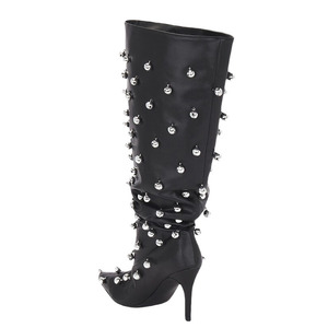 Women Metal Studs Denim <b>Shoes</b> High Heels Pointed Toe Stiletto Knee High Boots Top Wide Pleated Upper Long Booties - Product Image 5