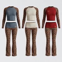 Ensemble 2 pièces pour femme, imprimé léopard, manches raglan, haut court côtelé et pantalon évasé à taille repliable, personnalisable avec logo, style streetwear Y2K, vente en gros OEM