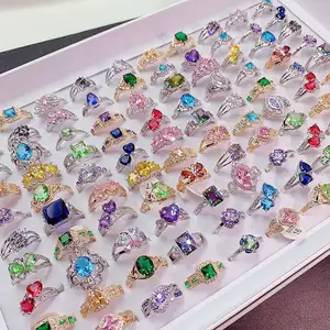 Luxury Fashion Jewelry Mixed Full Zirconium Micro Setting Rings Exaggerated Bulk Real Gold Plated Large Gem Ring Wholesale