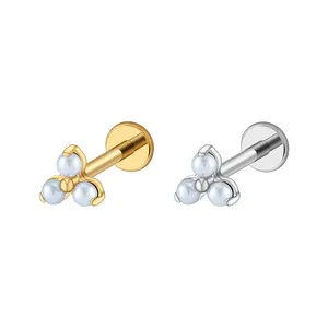 Brinco de pérola titânio 16G ASTM F136 Helix Tragus Cartilagem Triple Flor Earbro Piercing Jóias