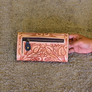 Leather Women's Designer Luxury Hand Tooling Carving <b>Wristlet</b> Clutch RFID Protection Anti-Theft Multi-Function Long Button - Product Image 4