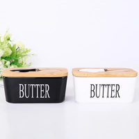 Boîte de conservation de beurre en céramique en gros avec couvercle en bambou et couteau, récipient hermétique pour beurre pour comptoir de cuisine