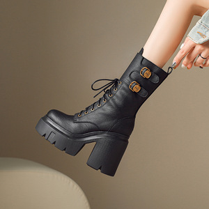 Bottes mi-<span class=keywords><strong>mollet</strong></span> en cuir véritable à semelle très épaisse <span class=keywords><strong>pour</strong></span> femme, bottes d'hiver courtes, petite taille, tendance, talon épais - Product Image 6