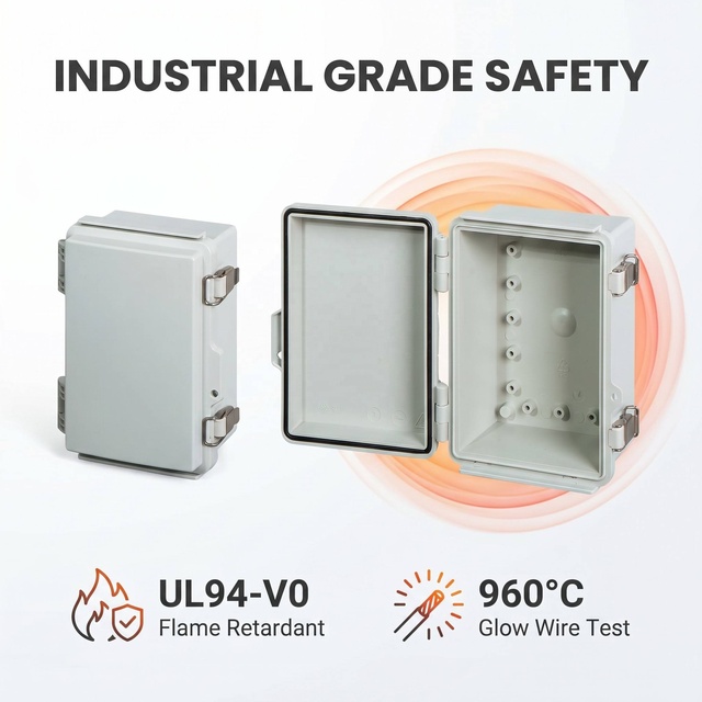 UL94-V0 Flame Retardant Terminal Box Electronic Housing Clear Transparent Lid Polycarbonate Cover Hinged Latch Weatherproof