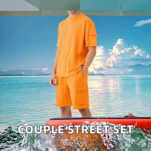 Conjunto de pareja de moda de verano de punto estilo urbano, camiseta y pantalón corto a juego de talla grande, transpirables, con efecto desgastado y lavado claro. - Product Image 2