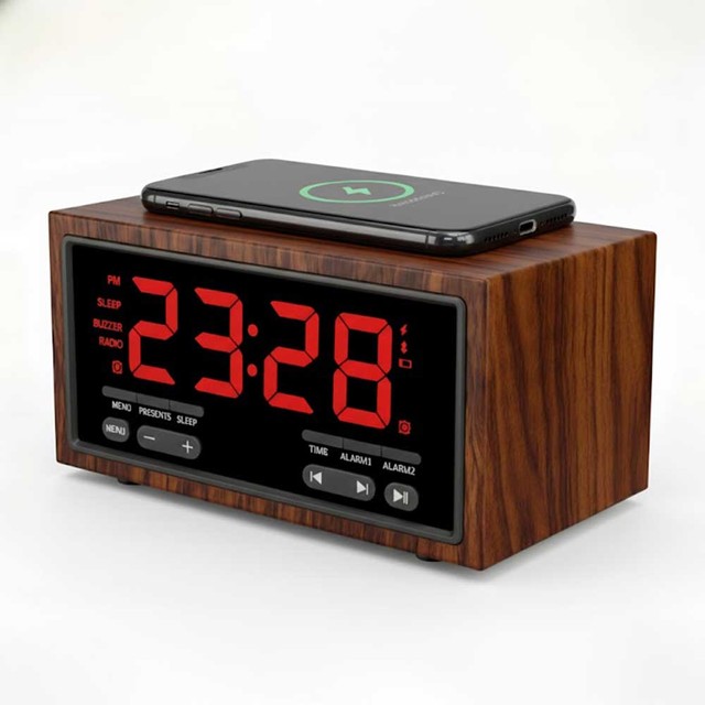 New 1800mAh FM Radio Alarm Clock with Wireless Charging Blue Tooth Speaker Wooden Digital Clocks with USB Playback TF Card Port