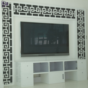 Meuble <span class=keywords><strong>TV</strong></span> mural moderne en Corian blanc et noir personnalisé pour salon, mobilier <span class=keywords><strong>de</strong></span> maison durable et écologique - Product Image 1