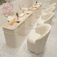 Ensemble de table de manucure double de luxe avec plateau en marbre, éclairage, collecteur de poussière et rangement pour poste de travail de salon de manucure