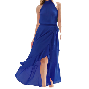 2025 Summer Elegant Temperament New Floor-Length Solid Women European American Casual A-Line Ruffled Irregular Strap Stand Front - Product Image 1