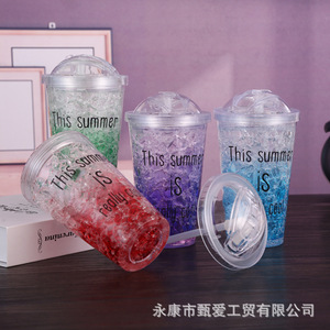 Creative Summer Ice <b>Cup</b> With Sliding <b>Lid</b> Gradient <b>Straw</b> Two Piece Set For Travel Red Purple Green Blue Plastic Drinkware - Product Image 5