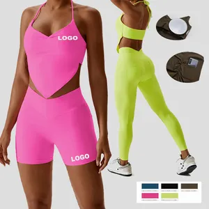 2023 Novos Conjuntos De Corrida Novo design Nude Vest Bra Tops Shorts de Cintura Alta Leggings Duas Peças Activewear Yoga Outfit Para As Mulheres