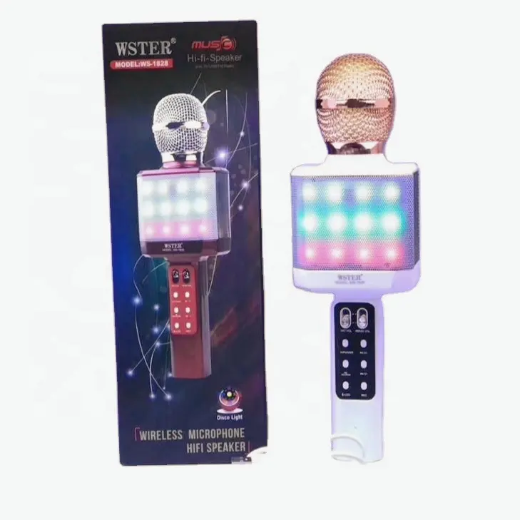 WS1828 WSTER-Micrófono de grabación con luz de discoteca, dispositivo inalámbrico con USB, tarjeta TF, RADIO FM, micrófono de Karaoke