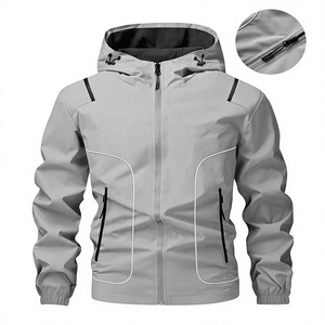 Men's Gray Soft Shell Jacket with Hood Zipper Pockets Waterproof Solid Thin Outdoor Regular Fit All Seasons - Product Image 1