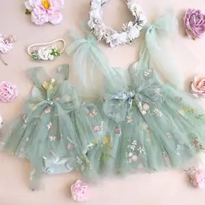 Gaun pesta anak-anak tulle bordir Motif bunga kustom musim panas baru 2023 gaun romper anak perempuan manis gaun tutu