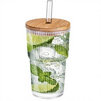 Lot de 2 verres classiques WANFAN personnalisables de 20 oz à large ouverture, côtelés, transparents, avec couvercles en bambou et pailles, pour thé au lait et jus de fruits