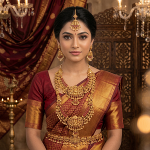 Parure de bijoux de mariée Lakshmi antique haut de gamme avec collier superposé, design traditionnel indien du sud en or pour mariage - Product Image 4
