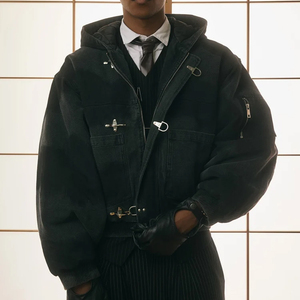 Custom 100% Cotton <b>Duck</b> Canvas Oversized Cropped Zip Workwear <b>Jacket</b> Black Quilted Padded Canvas Clasp Bomber <b>Jacket</b> - Product Image 3