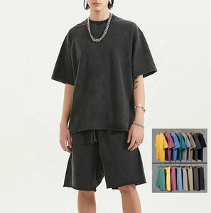 2021, camisetas lisas al por mayor, conjunto corto de sudor, conjunto de <span class=keywords><strong>2</strong></span> piezas, conjuntos de camiseta y pantalones cortos para hombre, camiseta lavada de gran tamaño 100% de algodón para hombre - Product Image 2