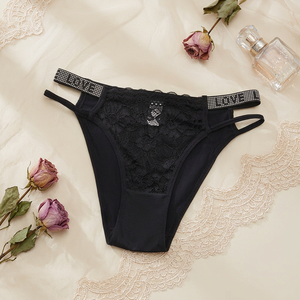 Braguitas de bikini de encaje floral para mujer, con cintura estampada con diamantes de imitación LOVE, tirantes laterales delgados, tiro bajo, ropa interior sexy para mujer al por mayor - Product Image 1